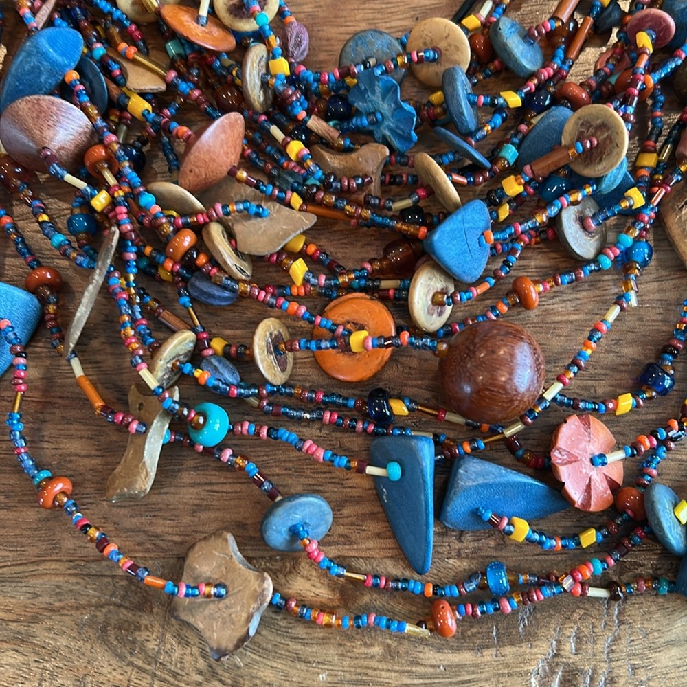 NWOT, Artisan Handmade 20 Strand Bib Necklace Made of Glass and Wood Beads, 24” - Picture 7 of 8